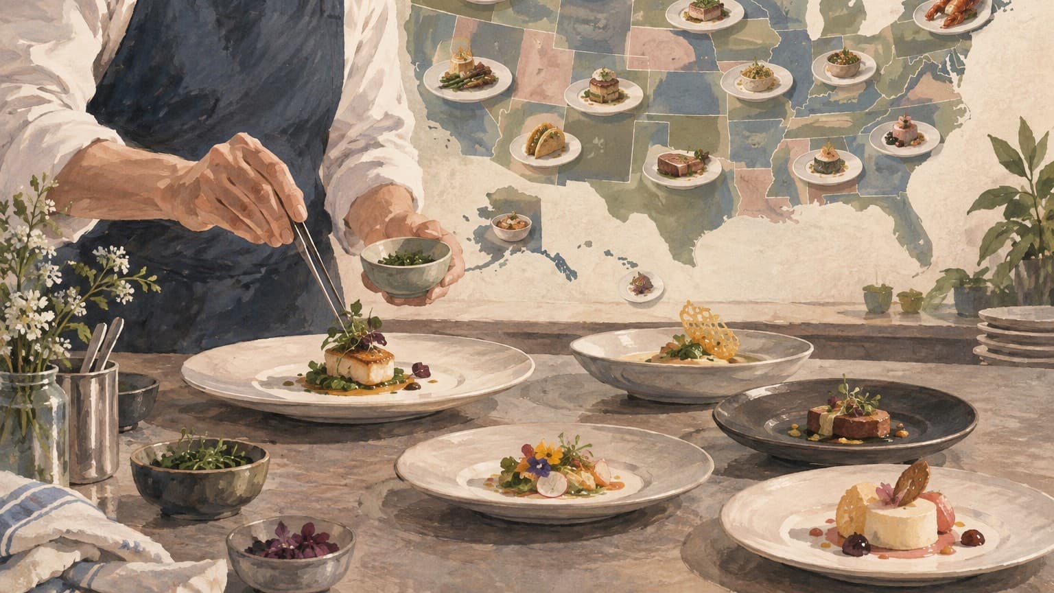 Illustration: chef plating multi-course tasting menu