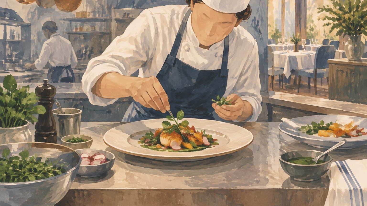 Illustration: chef plating new menu dish