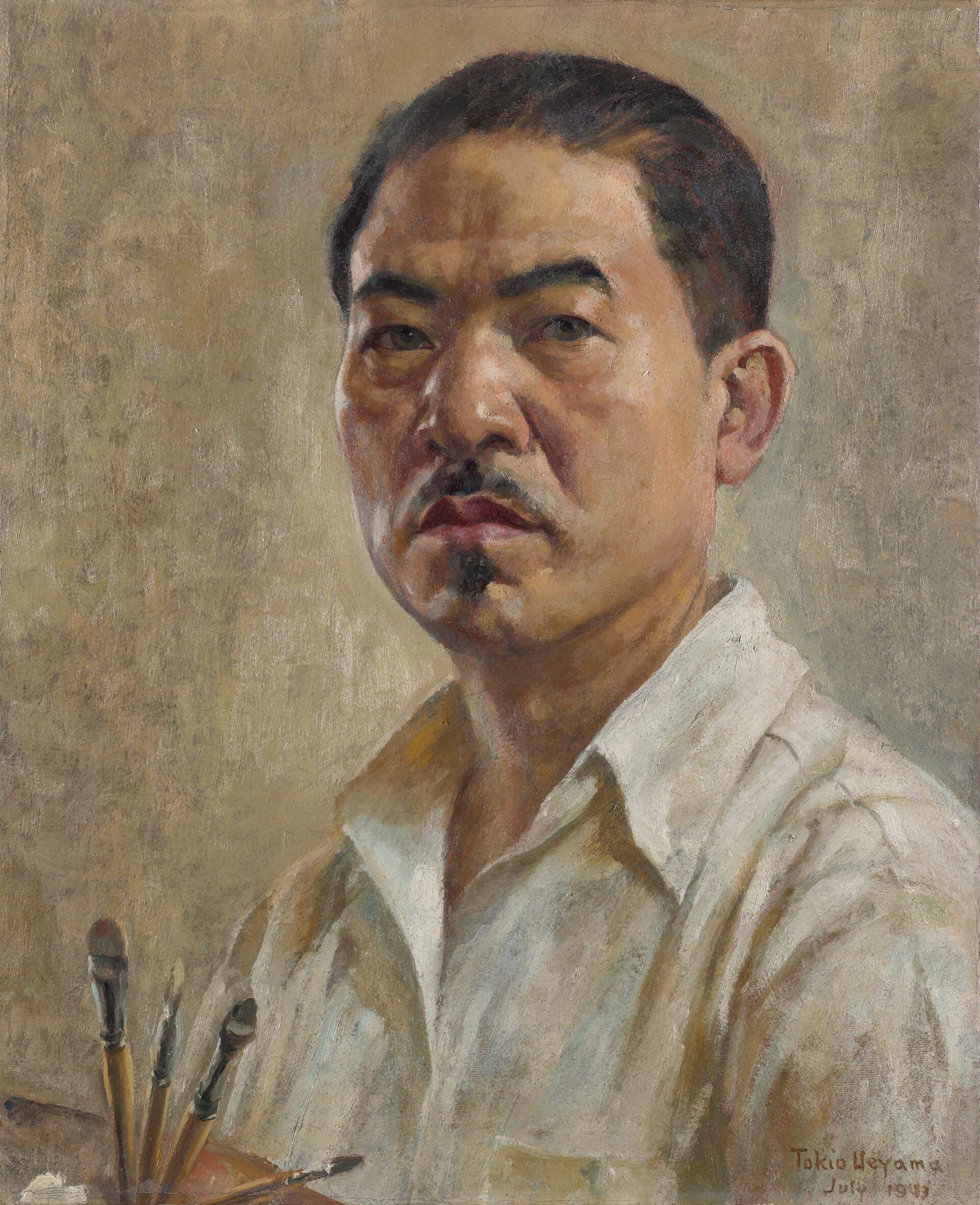 Self-portrait painting by Tokio Ueyama from July 1943, showing the artist in a suit with a serious expression.