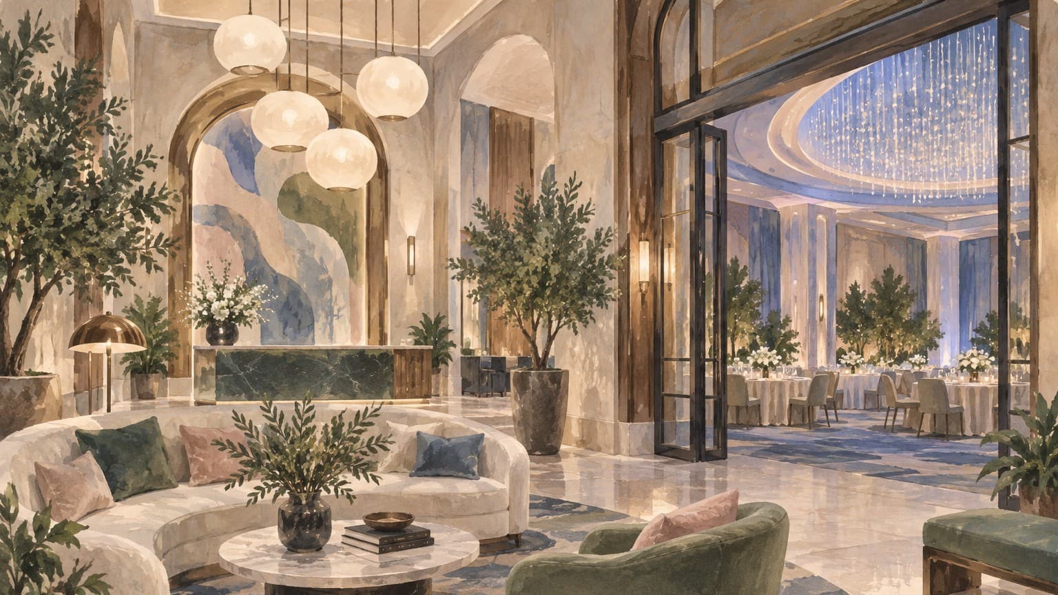Illustration: renovated hotel lobby with LED ballroom