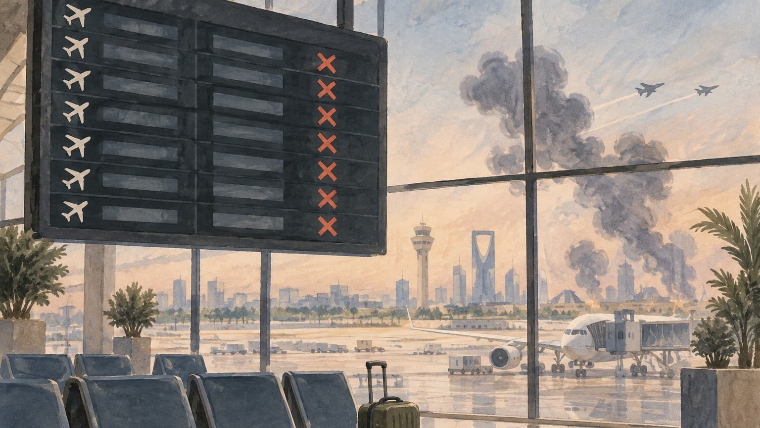 Illustration: Riyadh airport departure board cancellations