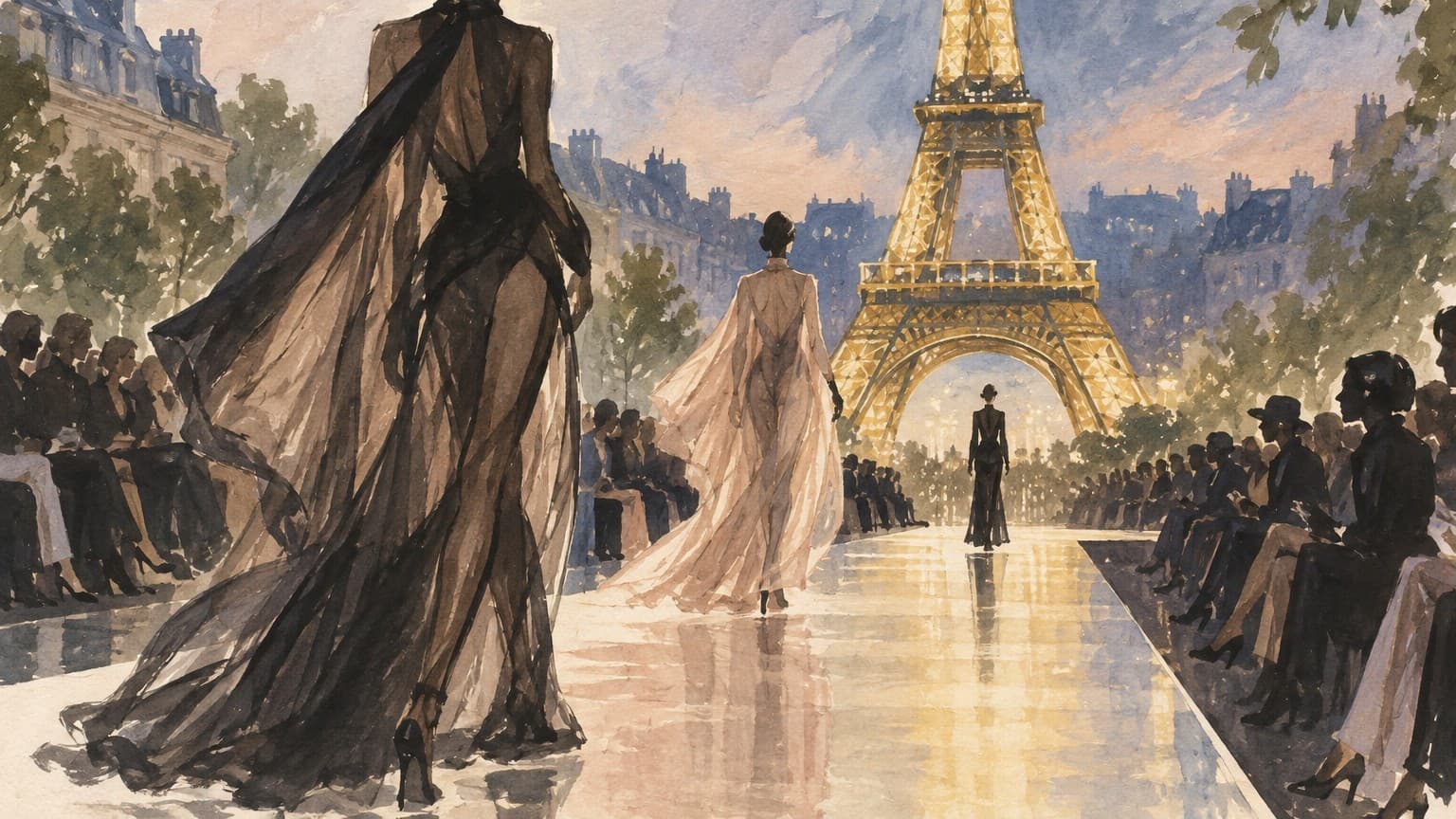 Illustration: golden Saint Laurent runway Eiffel Tower