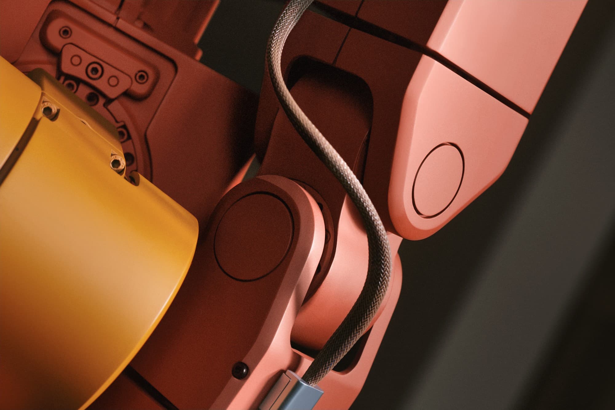 A braided cable running between Voxel's yellow and pink body panels.