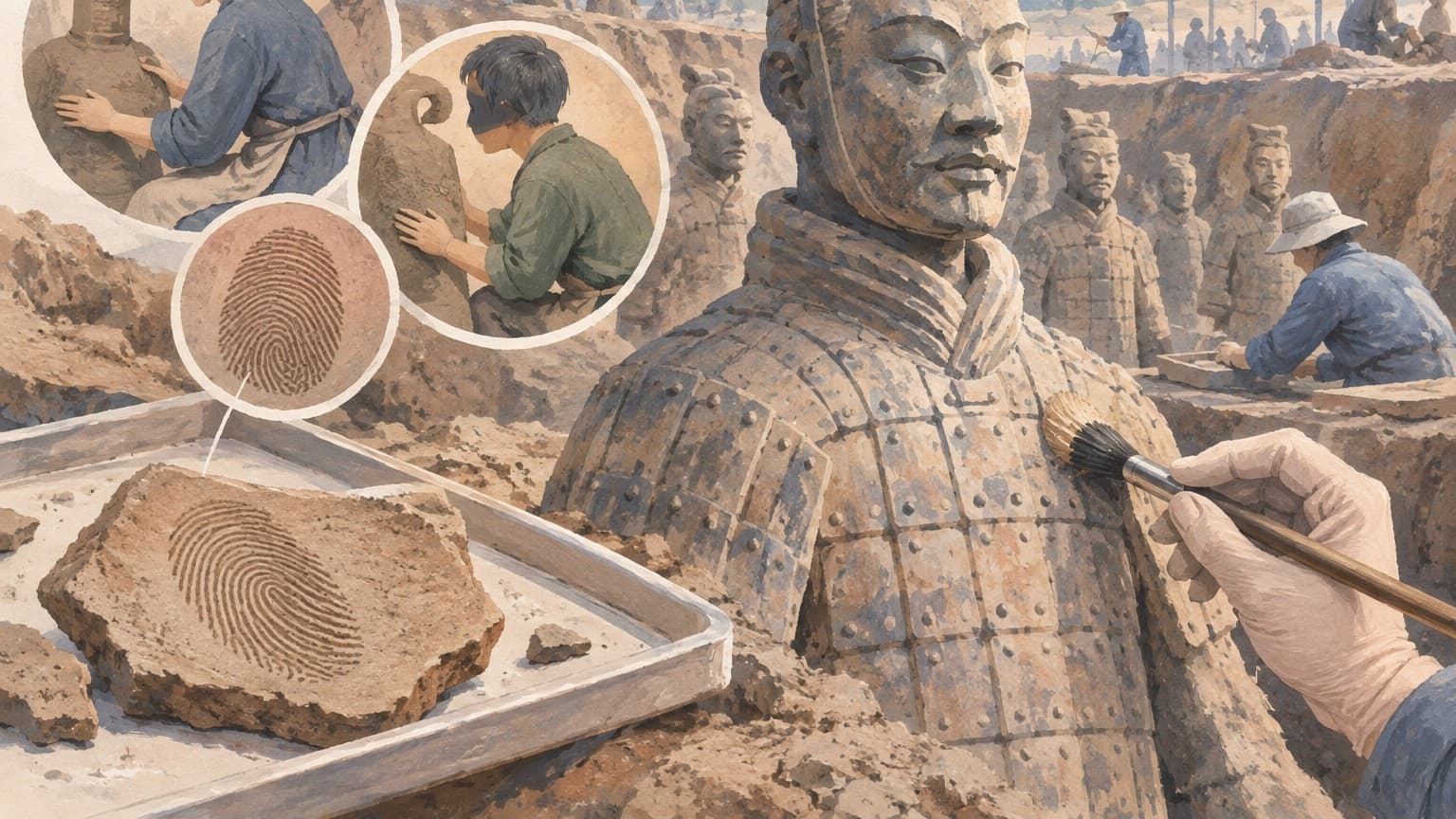Illustration: terra-cotta warriors fingerprints excavation