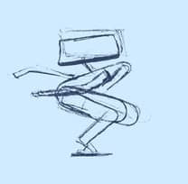 Pencil sketch of a crouching robot with long jointed legs.