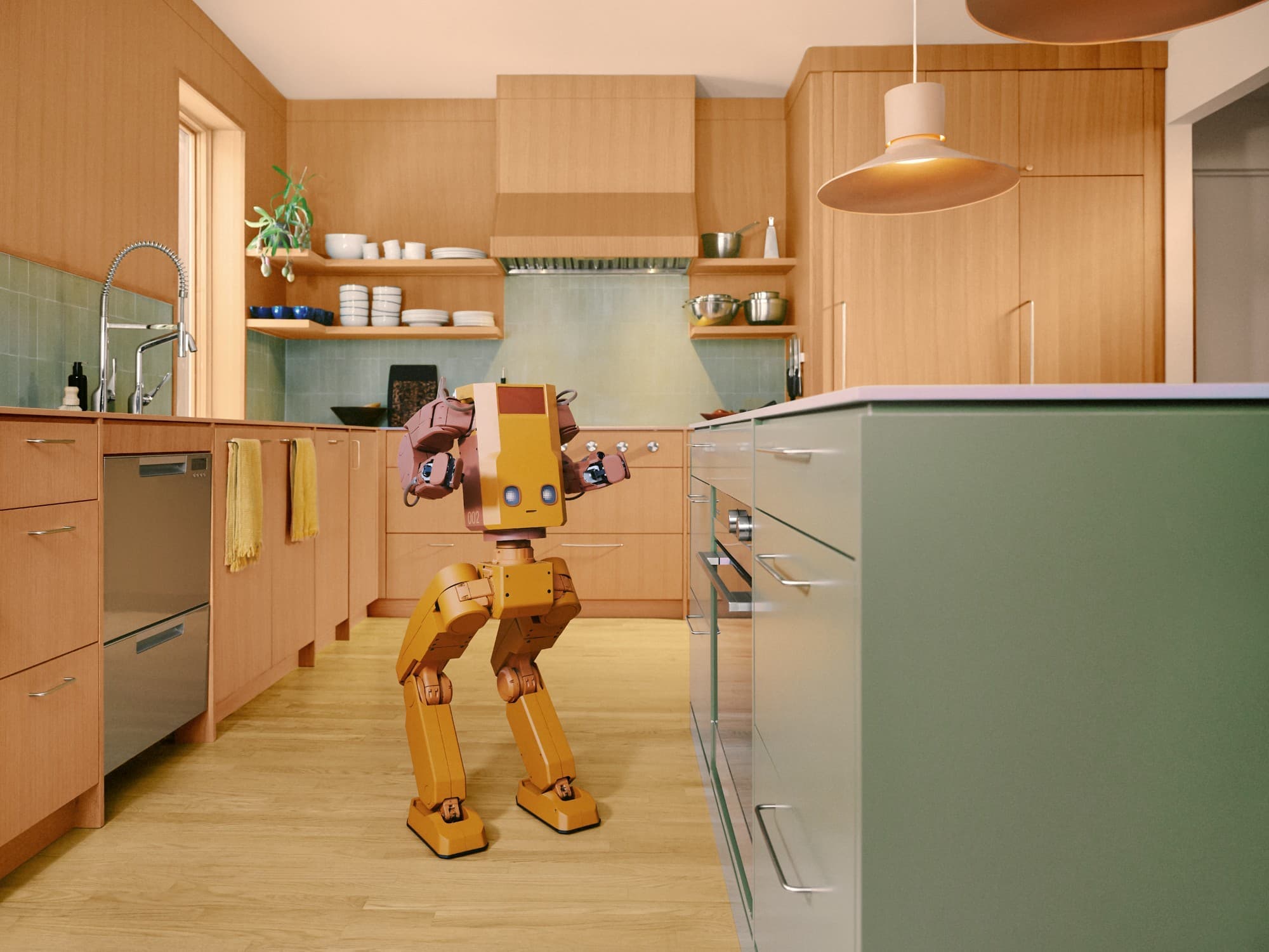 Voxel standing in a kitchen with numbered markers on its arms, legs, head, and chest.