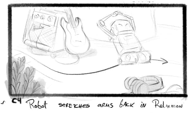 Storyboard sketch of a robot stretching its arms back to relax beside a guitar.