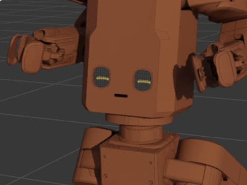 Render of a brown wooden robot with glowing eyes.